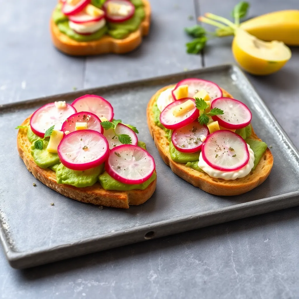 Tartines de concombre et de radis rose, avec du fromage frais et des câpres